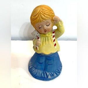 Vintage Enesco Sleepy Yawning Cute Child Girl W Teddy Bear Porcelain Bell